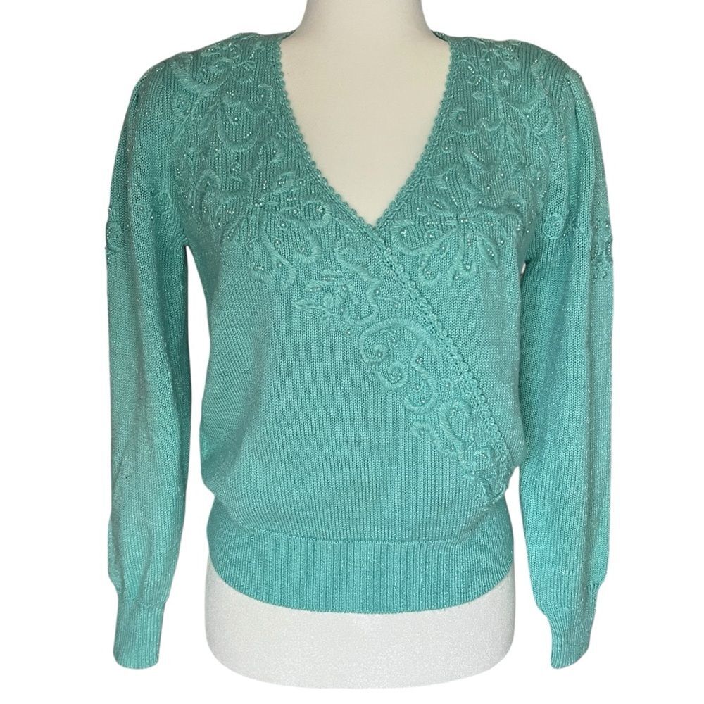 Jaclyn Smith Vintage Beaded Sweater Mint Green V Neck Womens Small